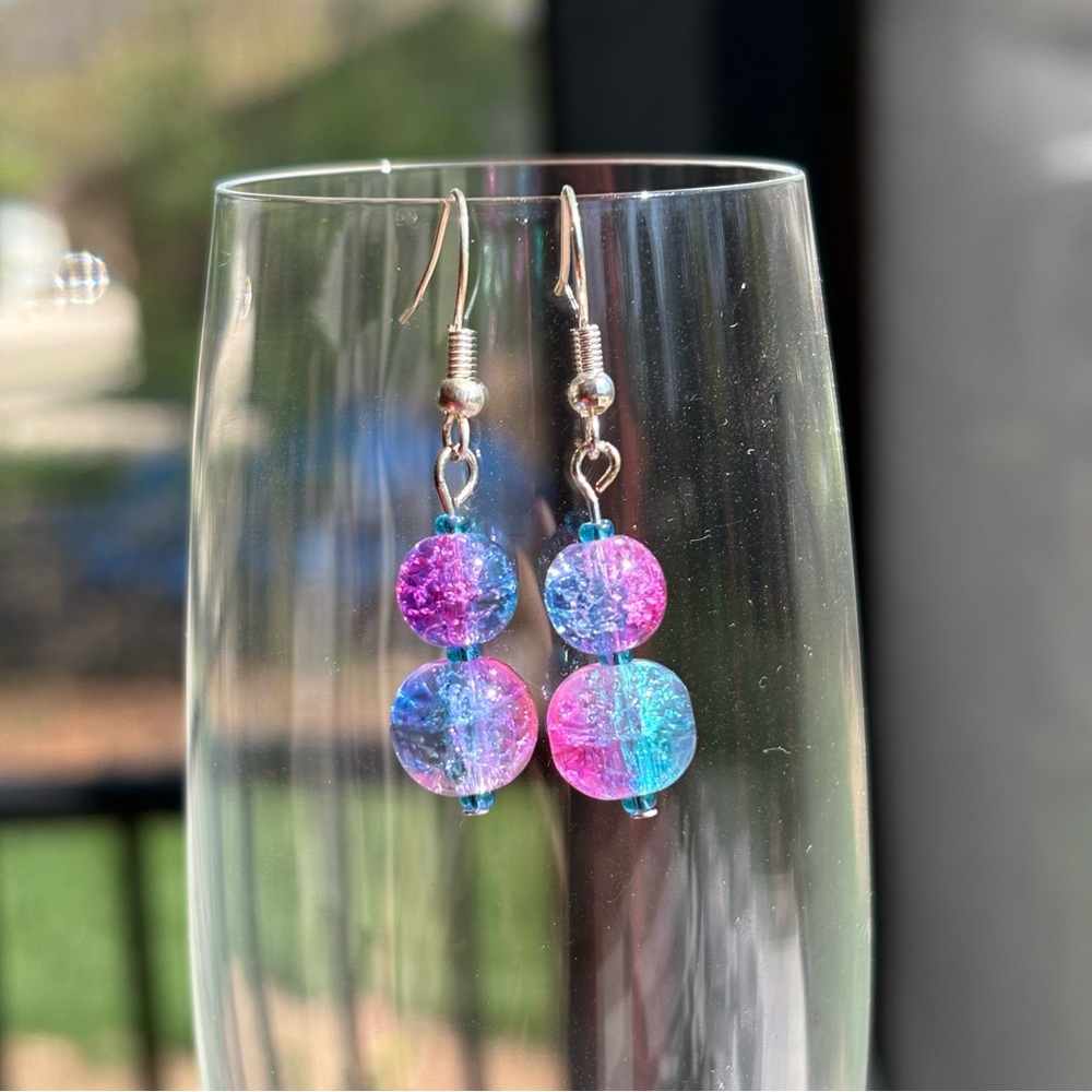 Handmade New Pink and Blue Glass Beaded Earrings